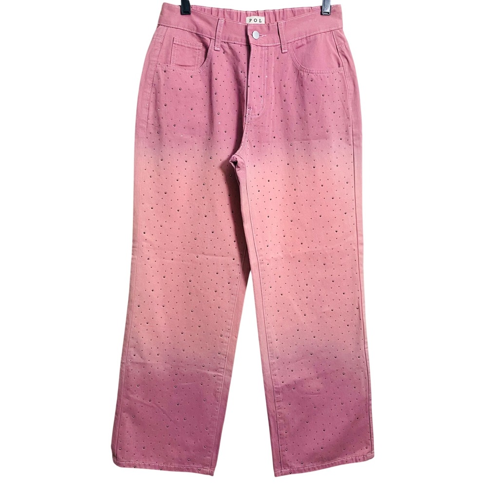 POL FWP142 Pink Ombre Crystal Studded Wide Leg 100% Cotton Jeans Size Small - Picture 2 of 7
